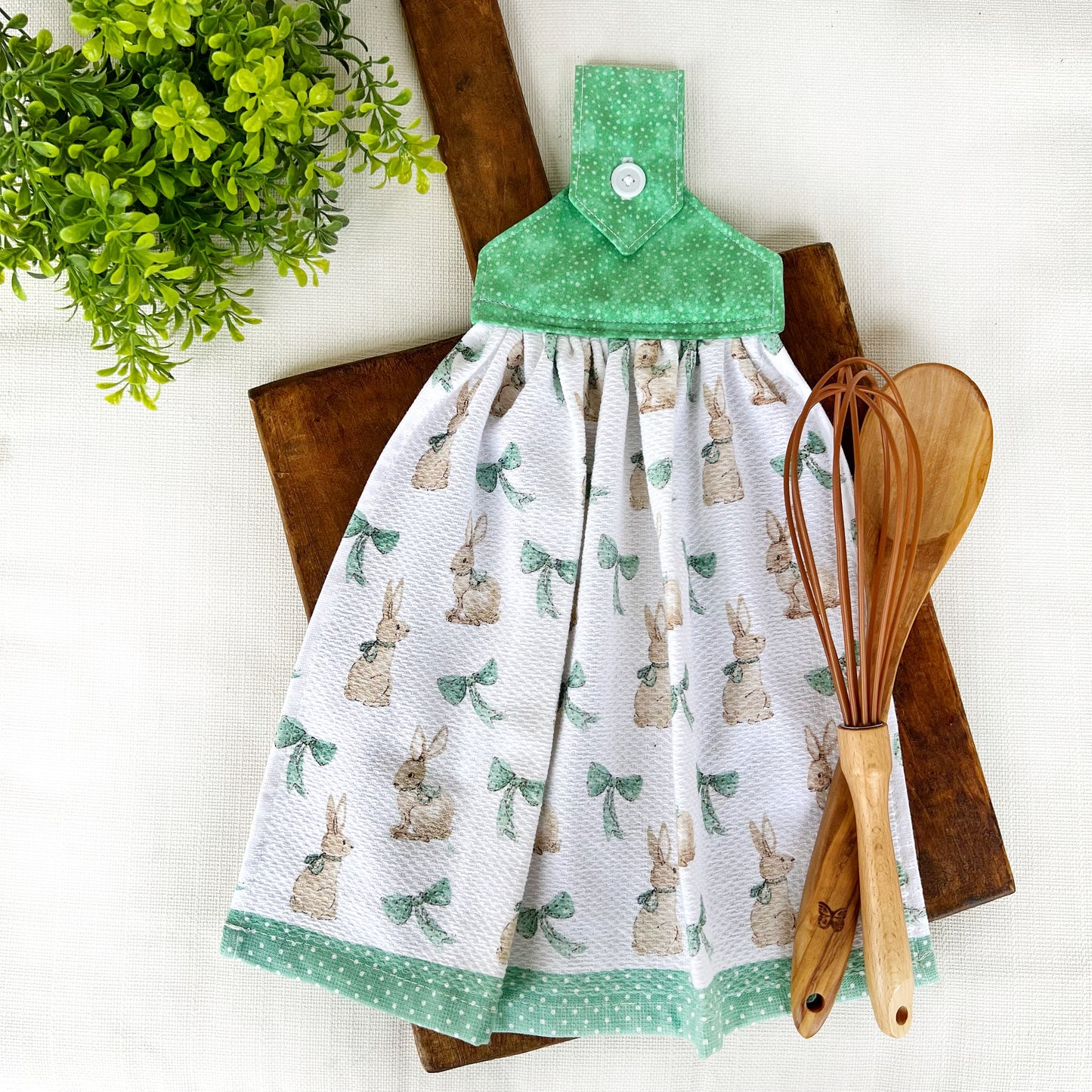 Bunnies with green bow Kitchen Towel