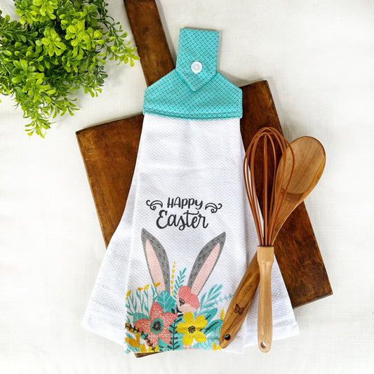 Happy Easter bunny ears in flowers Kitchen Towel
