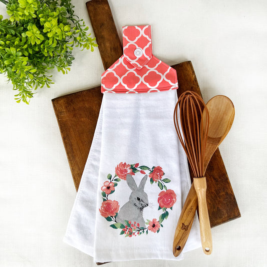 Bunny in coral flower wreath Towel